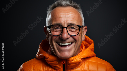 portrait of old man in orange jacket with glasses in happy mode looking at camera 