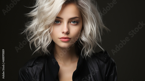 portrait of a english women with stylish white hair on black background 