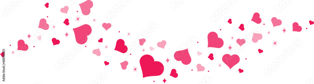 Hearts border in wave shape. Pink hearts border. Heart in the wave shape vector. Valentine's Day element decoration. Love concept. Flying pink hearts confetti.