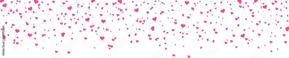 Seamless hearts border. Flying pink hearts confetti. Valentine's Day background with a pink falling hearts. Love concept.