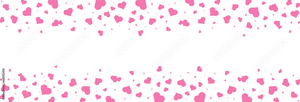 Seamless hearts border. Flying pink hearts confetti. Valentine's Day background with a pink falling hearts. Love concept.