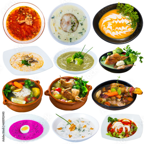 Collage of different soups isolated on white background