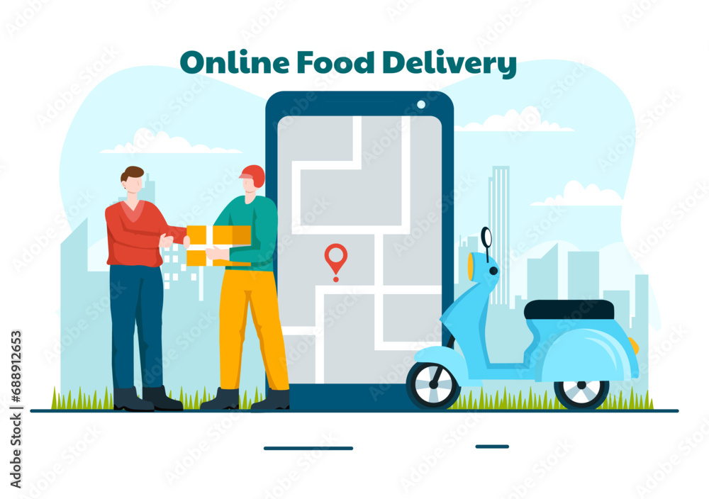 Online Food Delivery Vector Illustration with Order Food on the Phone and it will be Delivered According to the Destination in Flat Cartoon Background Online Food Delivery Vector Illustration with Order Food on the Phone and it will be Delivered According to the Destination in Flat Cartoon Background