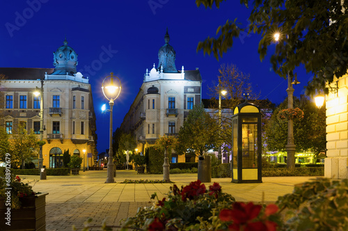 Debrecen central streets with impressive architecture at night, Hungary.