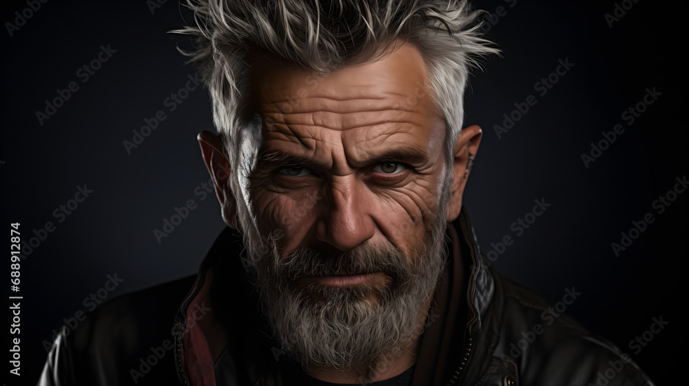 Intense older man with a stern look and white hair, wearing a leather jacket Intense older man with a stern look and white hair, wearing a leather jacket