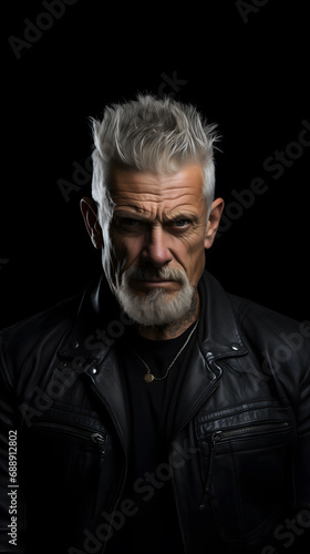 Serious mature man with gray hair in a black leather jacket, isolated on black