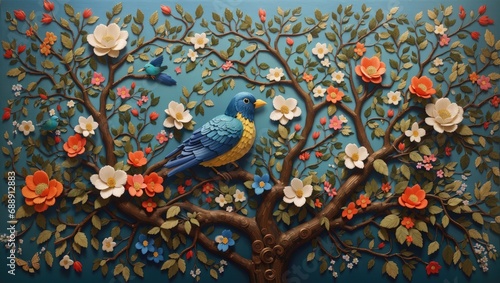 "Enchanting Arboreal Symphony: Marie-Suzanne Giroust's Beaded and Yarn Folk Art Masterpiece"