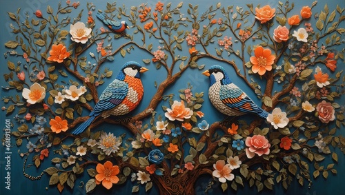 "Enchanting Arboreal Symphony: Marie-Suzanne Giroust's Beaded and Yarn Folk Art Masterpiece"