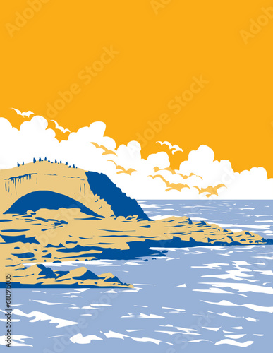 WPA poster art of surf beach at Bird Rock at the southernmost end of La Jolla north of Pacific Beach, San Diego, California, United States USA done in works project administration.
