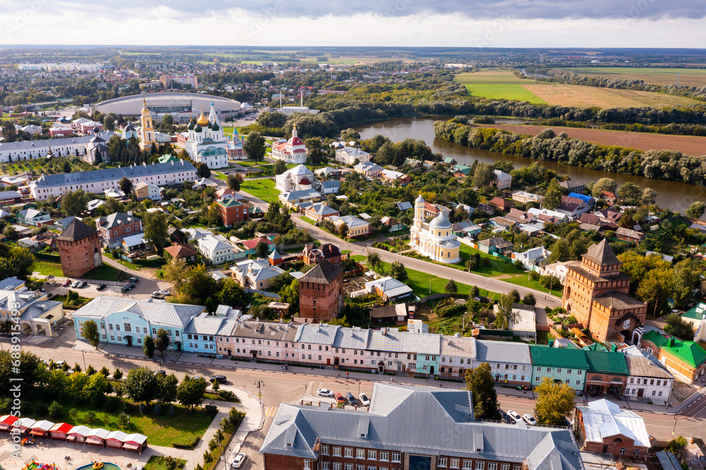 Aerial copter view of modern cityscape of Kolomna overlooking ancient Kremlin, Moscow region, Russia