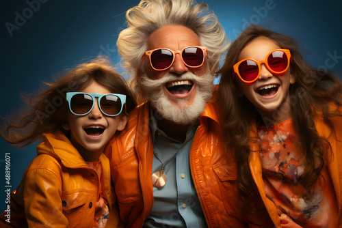 An old man playing with a boy and a girl, they are all wearing orange color clothes and sunglasses,blue background