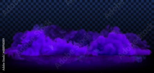 Vector purple smoke on ground backdrop. Mystic night clouds on black background, realistic banner template with copy space. Halloween illustration