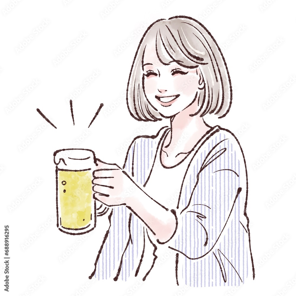 お酒/ビール/乾杯/飲み会/アルコール/飲酒/忘年会/新年会/歓迎会/お祝い/居酒屋/ジョッキ/ビールジョッキ/お疲れ会/退職祝い/誕生日会/クリスマス会/成人/生ビール/ビアガーデン/会社員/打ち上げ/二日酔い/アル中/飲み過ぎ/酒飲み/酔っ払い/接待/祝賀会/同窓会/ビールを持った女性のイラスト素材