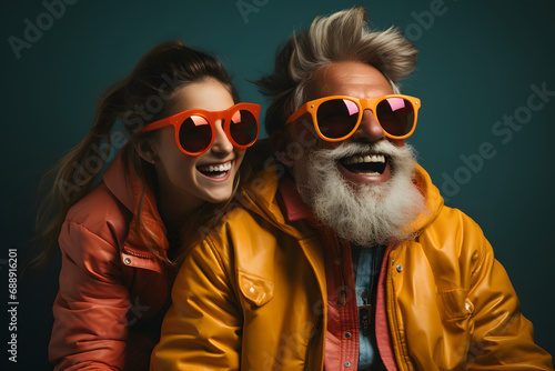 An old man playing with a girl  they are all wearing orange color clothes and sunglasses  pastel blue background