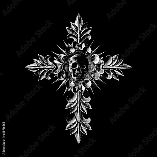 gothic cross hand drawing vector isolated on black background.