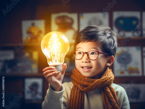 電球を持つアジア人の笑顔の男の子。勉強や電気のイメージ。生成AI photo