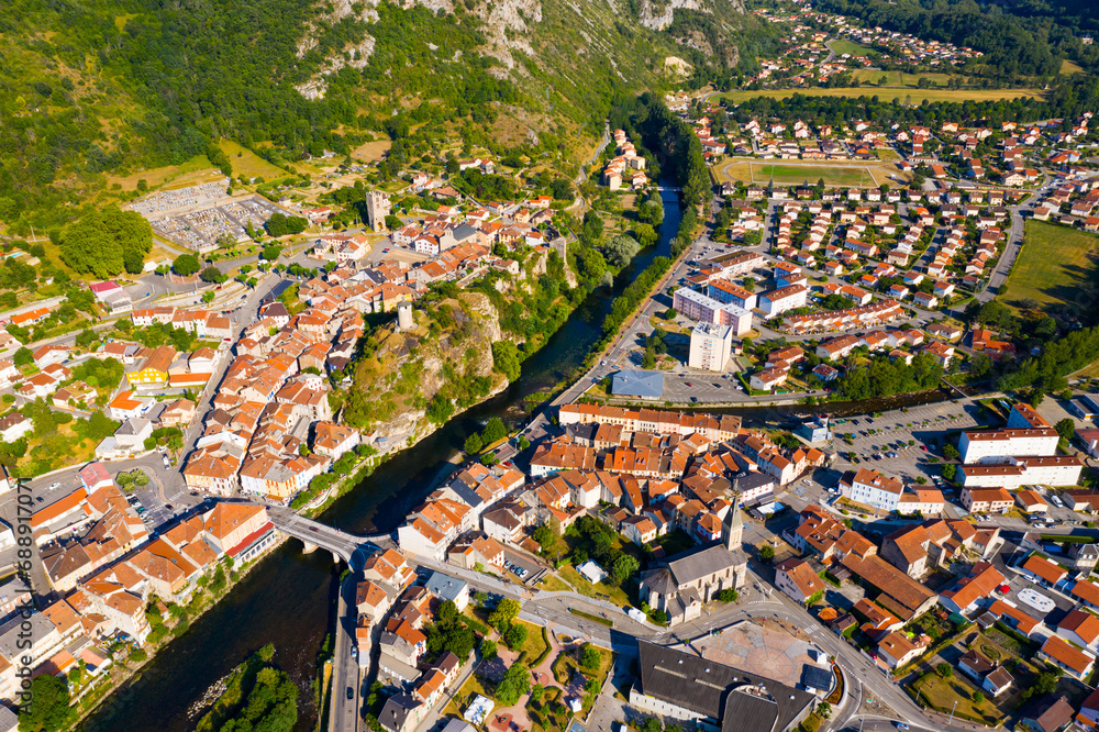Aerial view of historical center of French town Tarascon-sur-Ariege