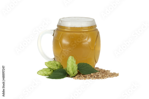 Glass of beer with hops cones and grain isolated on white