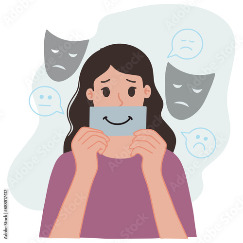 A vector women with paper fake smile hiding feeling real emotion mental health