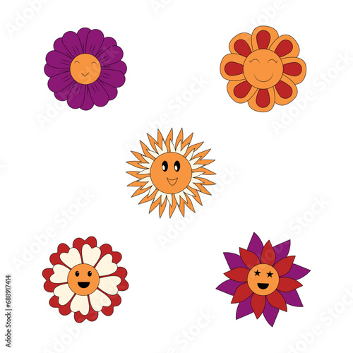 Groovy Flowers Retro With Different Design. Isolated Vector Icon Set. 