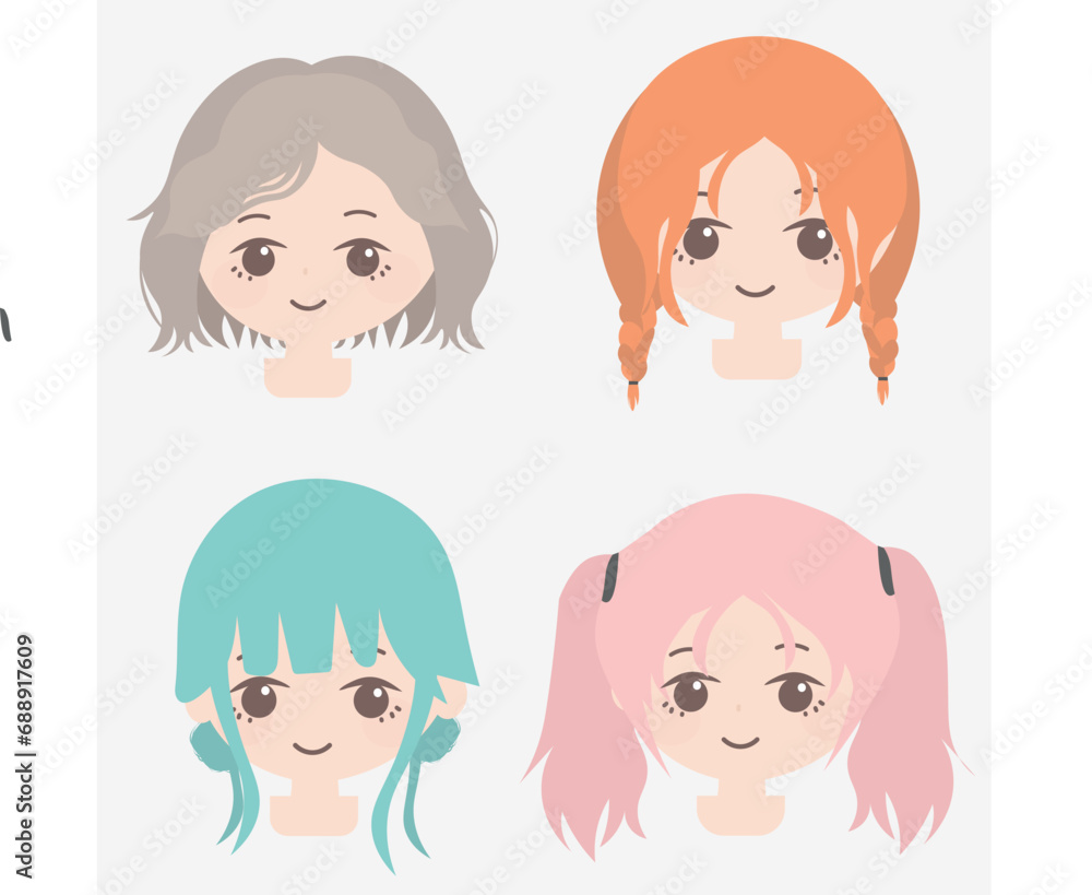 4 cartoon girls in various kinds of hair, different colors, in the style of light green and light gray, japanese-inspired, light pink and dark orange, simple designs, the pictures generation, frayed 4 cartoon girls in various kinds of hair, different colors, in the style of light green and light gray, japanese-inspired, light pink and dark orange, simple designs, the pictures generation, frayed