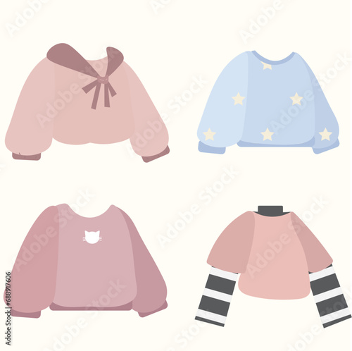 sweatshirt collection by koi, in the style of fairy kei, light maroon and blue, animated gifs, flat shapes, cottagepunk, elegantly formal, light purple and light amber 