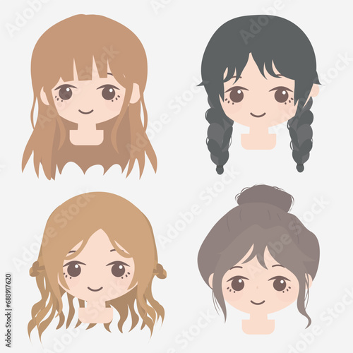 female anime hair icons, in the style of japanese-inspired, light gray and light brown, the pictures generation, simple, quito school, wavy, folkloric