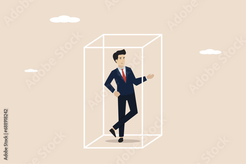 Business transparency, integrity or honesty, open data for company operations, sincere businessman inside transparent looking through box transparency metaphor.