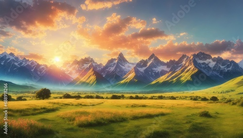 "Mountain Majesty in Grassland Panorama"