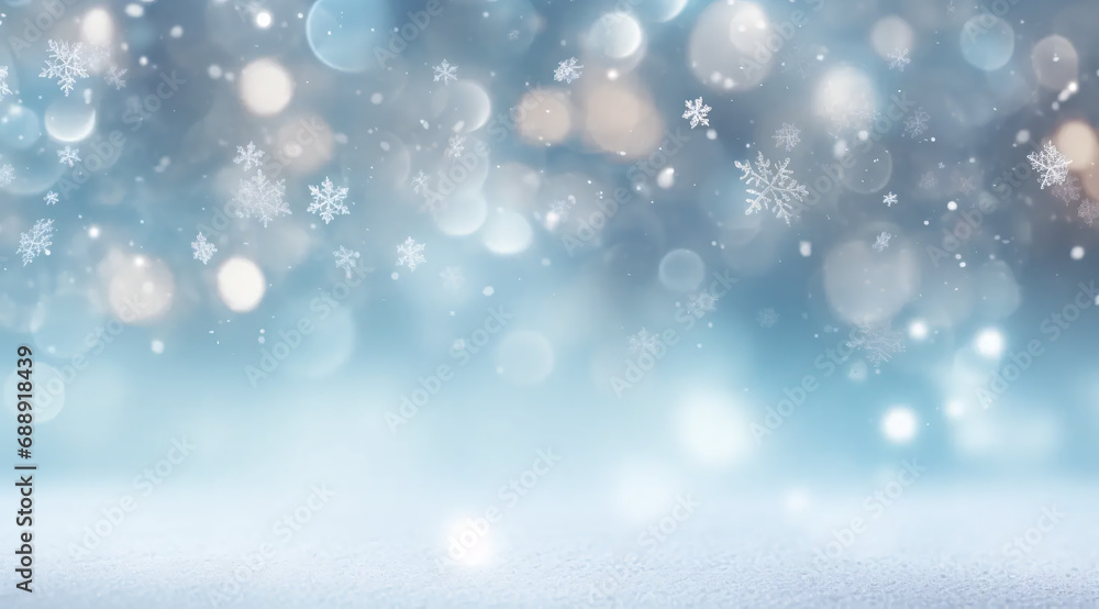 Bokeh background in sky blue and white tones with snowflakes on the floor.