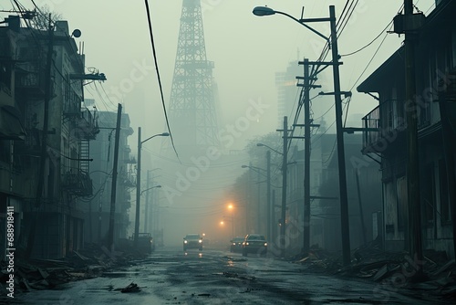 deserted city street shrouded in mist, with towering buildings fading into the hazy distance, evoking a sense of mystery and isolation