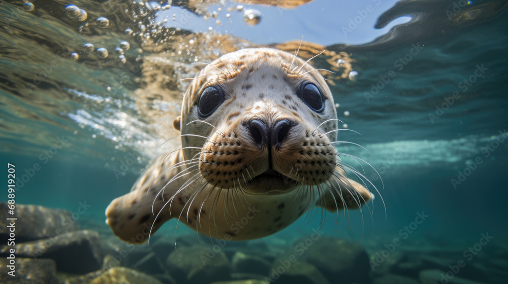 Close-up of a baby harbor seal pup underwater - obrazy, fototapety, plakaty 