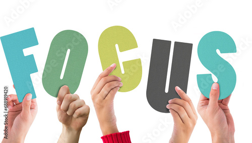 Digital png illustration of hands and focus text on transparent background