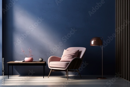 Interior of a room with dark blue walls, pink sofa, lamp and table. Created with Ai