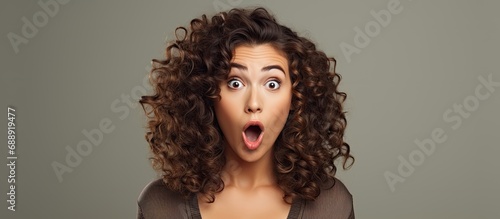 Surprised young woman with curly hair, expressing skepticism and sarcasm with her open mouth photo