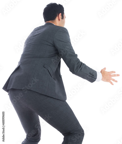 Digital png photo of back view of biracial businessman holding on transparent background