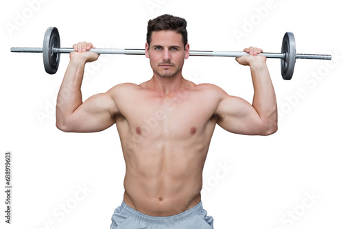 Digital png photo of happy caucasian muscular man lifting barbell on transparent background