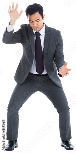 Digital png photo of focused biracial businessman holding on transparent background