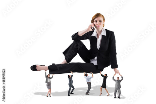 Digital png photo of focused caucasian businesswoman raised by others on transparent background