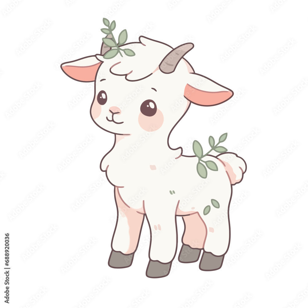 Cute cartoon baby goat on a floral background. Vector illustration.