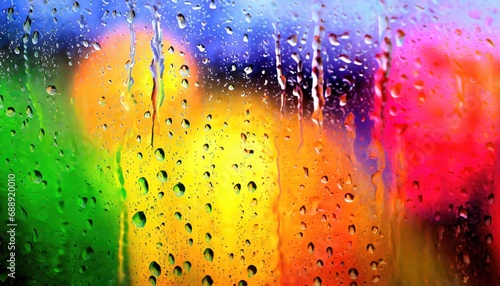 Closeup through window of rainy day with water dripping down glass