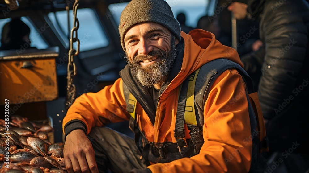 fisherman in a fishing boat with a fish box.. fisherman in a fishing boat with a fish box..