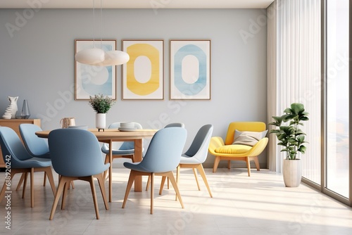 Dining room interior design with three posters  armchair  blue chairs and table. Created with Ai