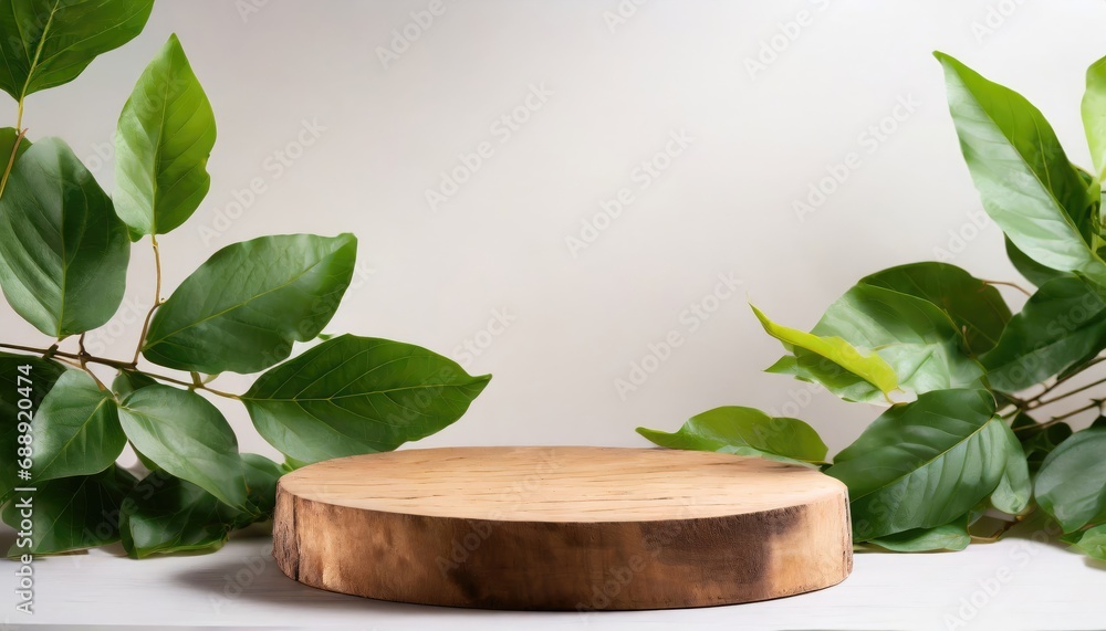 wood podium with green leaves for organic health products placement display mokcup.