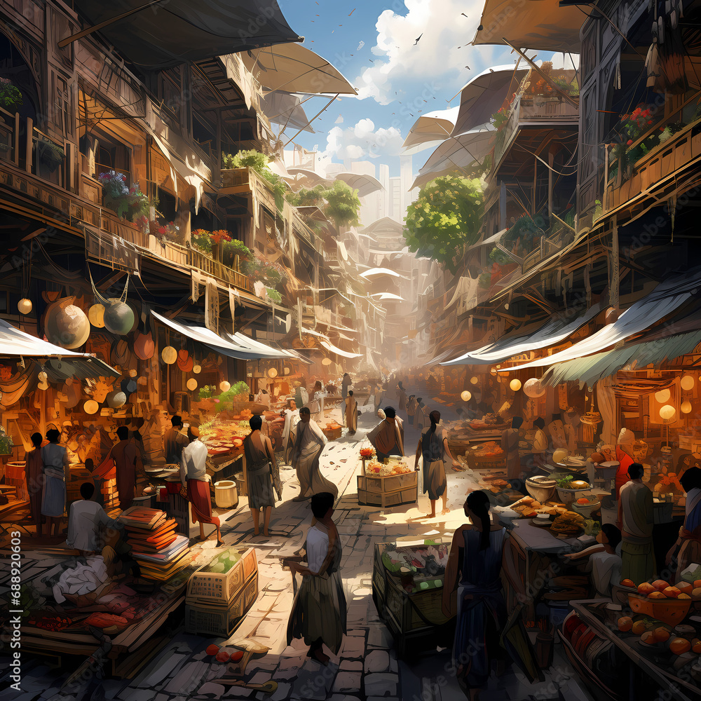 A bustling urban market with vendors and shoppers