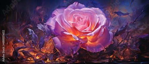 weird oil painting depicting a purple-glowing rose.. photo