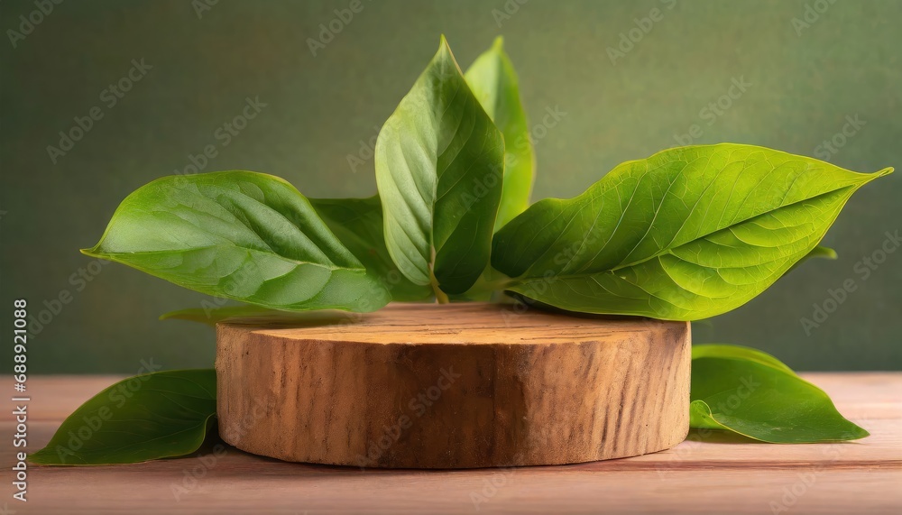 wood podium with green leaves for organic health products placement display mokcup. wood podium with green leaves for organic health products placement display mokcup.