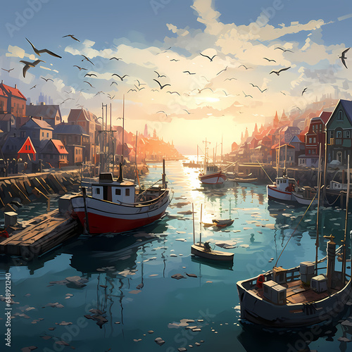 A bustling harbor with fishing boats and seagulls.