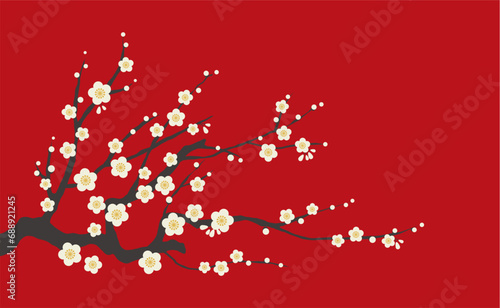 梅の花の背景イラスト素材 ベクター 白梅 花梅 赤背景