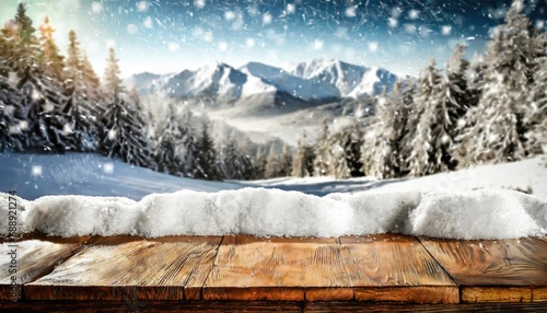 Wooden desk cover of snow and frost with christmas tree branch decoration photo. © ImagineWorld
